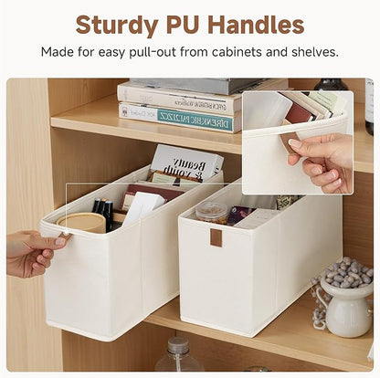 StorageWorks Fabric Storage Bins, Small Storage Bins with PU Handle, Decorative Narrow Baskets for Shelves, Ideal for Organizing Clothes, Toys, and Books, Beige, 4-Pack