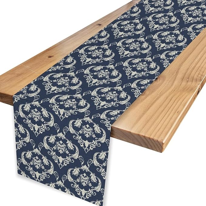 Blue Damask Table Runner, Rustic Gothic Baroque Style Floral Bohemian Boho Flower Antique Vintage Coffee Table Center Decor for Kitchen and Dining Outdoor Country Party Table Decorations, 13"x90"