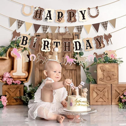 Horse Birthday Decorations,Pre-strung Horse Party Banners for Girls,Cowgirl Happy Birthday Decorations Western Horse Supplies Women