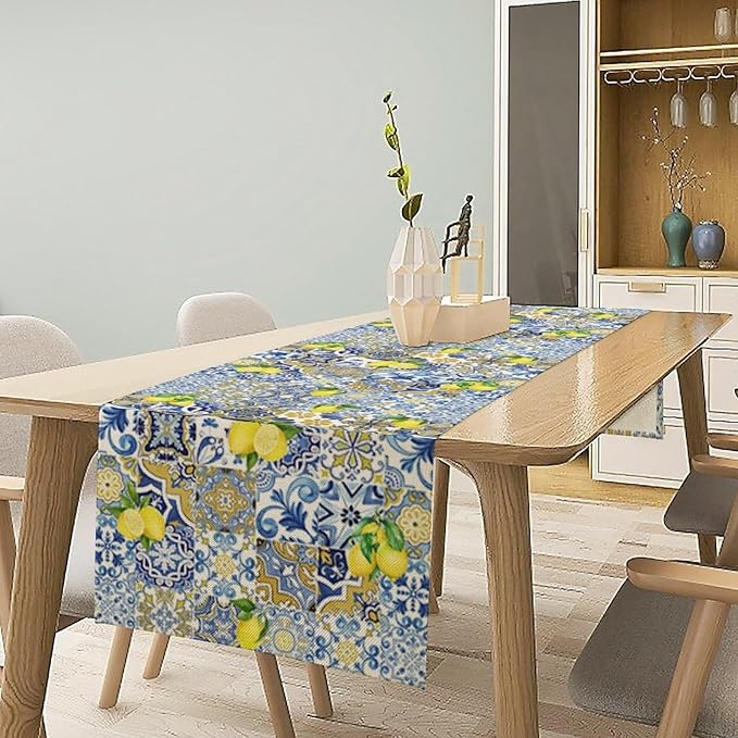 Farmhouse Rustic Lemon Table Runner,Vintage Morocco Blue Tiles Mediterranean Summer Fruit Print Table Runner for Kitchen Dining Table Home Party Decor 13x60in