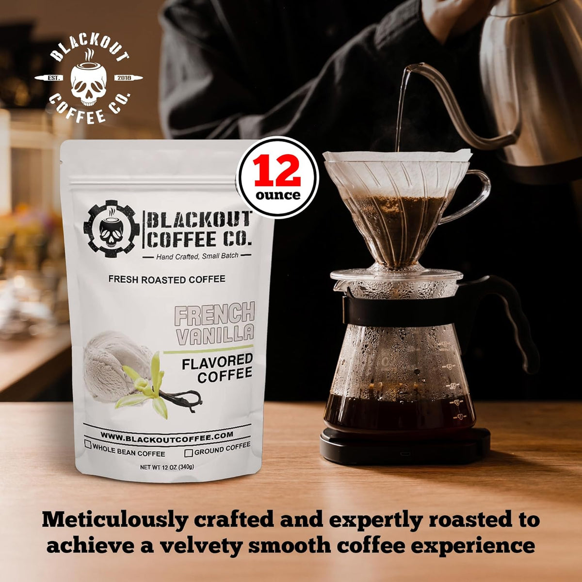 Blackout Coffee French Vanilla Flavored Coffee - Ground Coffee, Fresh Roasted In the USA,12 oz Pouch