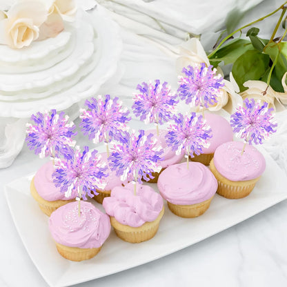 Ephlyn 30Pcs Foil Firework Cupcake Toppers Sparkle Tinsel Cupcake Picks Happy Birthday Cake Decorations Drink Stirrers Cocktail Food Fruit Toothpicks for Baby Shower Graduation Party Supplies Purple