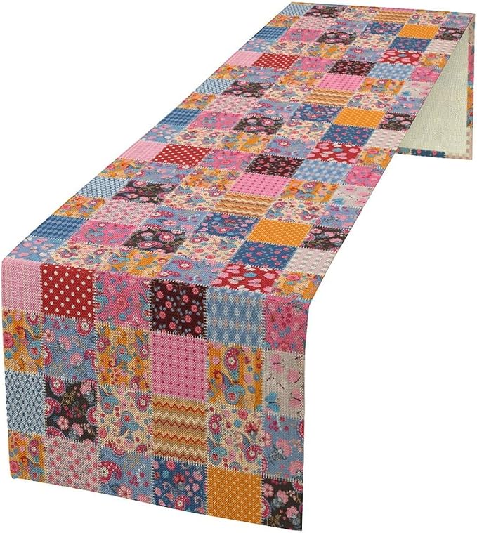 Patchwork Floral Table Runner, Patch Boho Flowers Country Wildflowers Rustic Splicing Design Pattern Table Runner for Farmhouse Kitchen Dining Home Party 13x36in