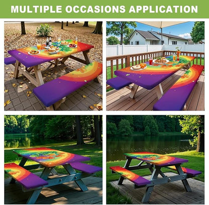 ANNA QUEEN 6FT Rainbow Clover Outdoor St. Patrick's Picnic Table Cover with Bench Covers Picnic Table Cover Set 3PCS 72"x30", Outdoor Bench and Tablecloth Furniture Protection