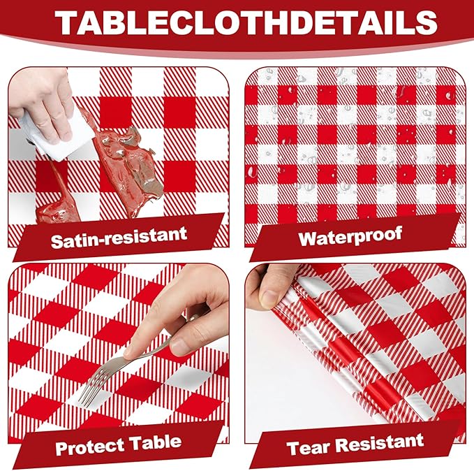 6 Pack Red and White Checkered Tablecloth, Plastic Red Gingham Table Cloth Waterproof Red Checkered Table Cover for Picnic, Banquets, Outdoor Parties 54 X 108Inch