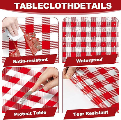 6 Pack Red and White Checkered Tablecloth, Plastic Red Gingham Table Cloth Waterproof Red Checkered Table Cover for Picnic, Banquets, Outdoor Parties 54 X 108Inch