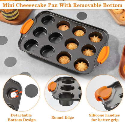 2Pack Mini Cheesecake Pans Removable Bottom Mini Cupcake Pans, 12 Cavity Minii Cheesecake Molds with Silicone Handle Nonslip Muffin Pan Baking