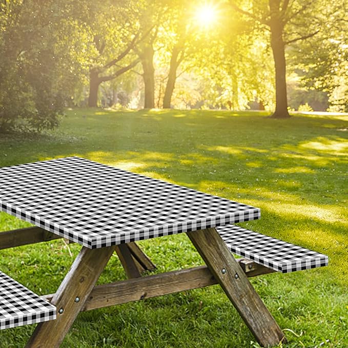 8ft Picnic Table and Bench Cover, Camping Essentials RV Gear, 96 in Waterproof Windproof Outdoor Elastic All Around Tablecloth, Fitted Rectangle Tables and Seats, Black-White Checkered