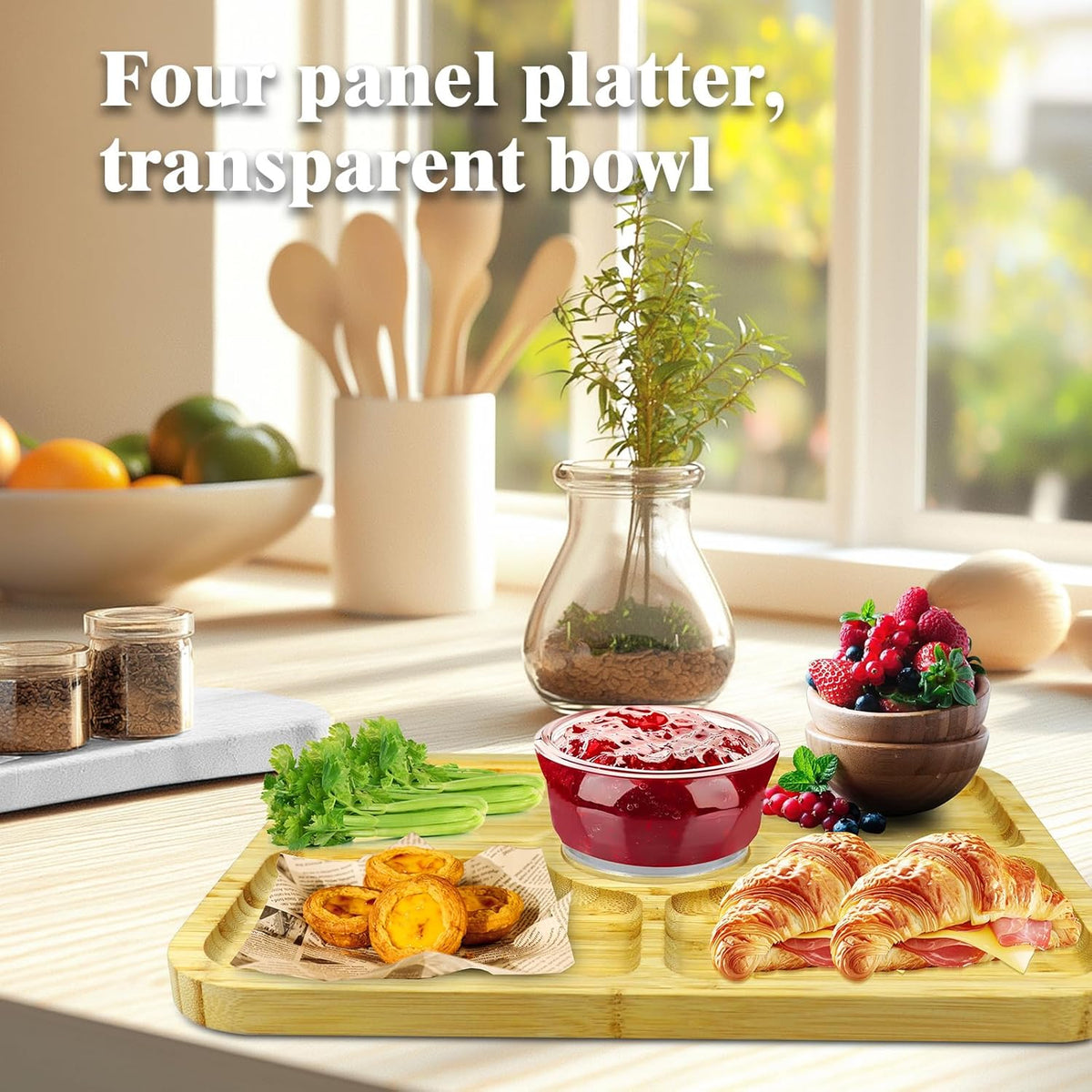 Cutesun Bamboo Wood Cake Stand with Lid - Rectangular Cake Holder, 16'' 2-in-1 Dessert Table Display Set & Charcuterie Board for Cheese, Chips, Fruit Platter, Large/big Acrylic Cake Dome Cover, Natural