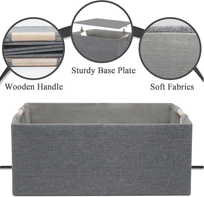 Foldable Fabric Storage Cubes, 2 Packs Cloth Storage Baskets with Wooden Handles, Collapsible Shelf Closet Organizer Bins, Rectangular Storage Boxes for Decor (Gray 2 Pack)