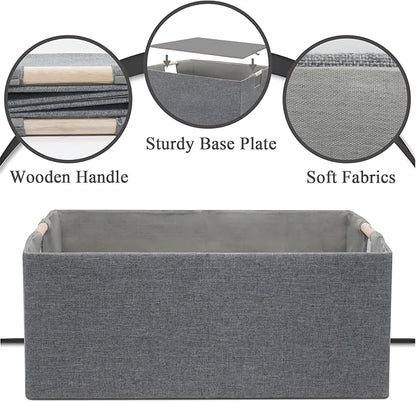 Foldable Fabric Storage Cubes, 2 Packs Cloth Storage Baskets with Wooden Handles, Collapsible Shelf Closet Organizer Bins, Rectangular Storage Boxes for Decor (Gray 2 Pack)