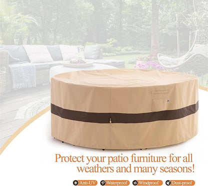 WJ-X3 Round Patio Furniture Cover, 62" D x 31" H, Waterproof, UV Resistant, Anti-Fading Outdoor Cover for Round Dining Table and Chairs Set, Beige & Coffee