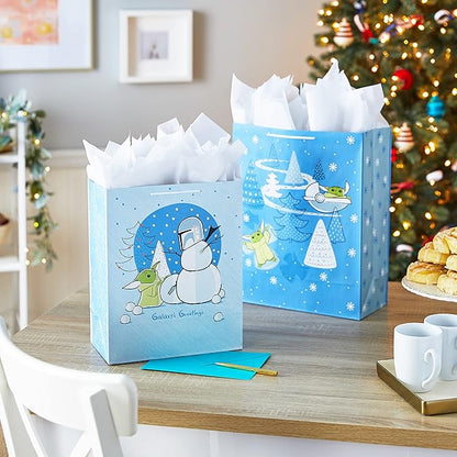 Hallmark Star Wars The Mandalorian Gift Bag Set (2 Bags: 1 Large 13", 1 XL 15") "Galaxy's Greetings, Grogu for Christmas, Birthdays, Grandkids, Fans, May the 4th