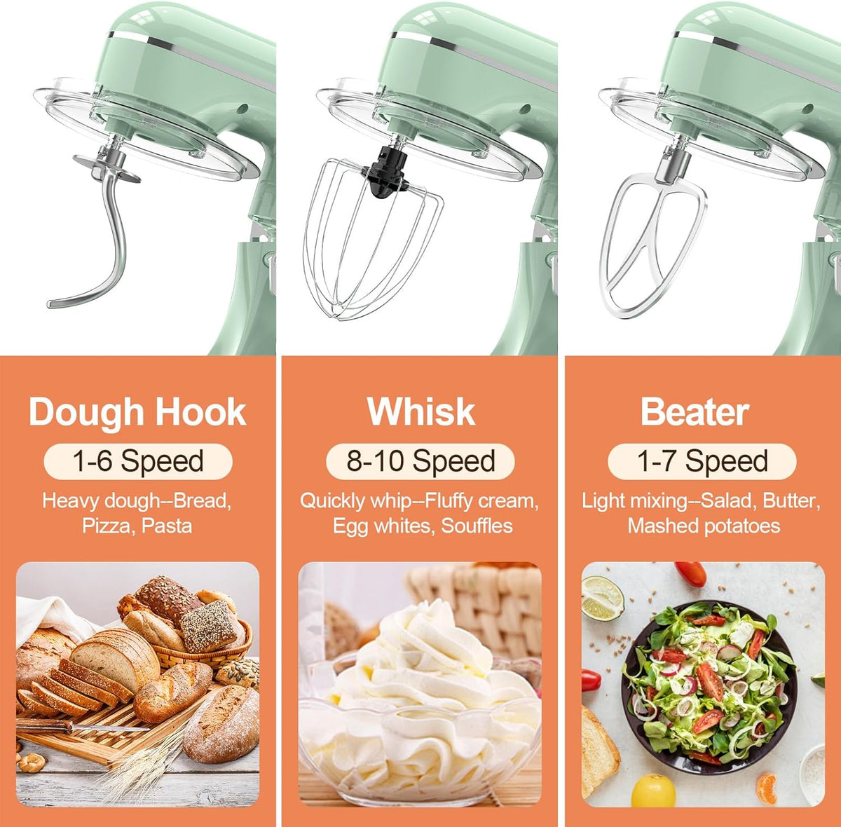 3-IN-1 Electric Stand Mixer, 6.5QT Bowl 660W 10-Speed Kitchen Mixer, Household Food Mixers include Dough Hook, Beater and Whisk