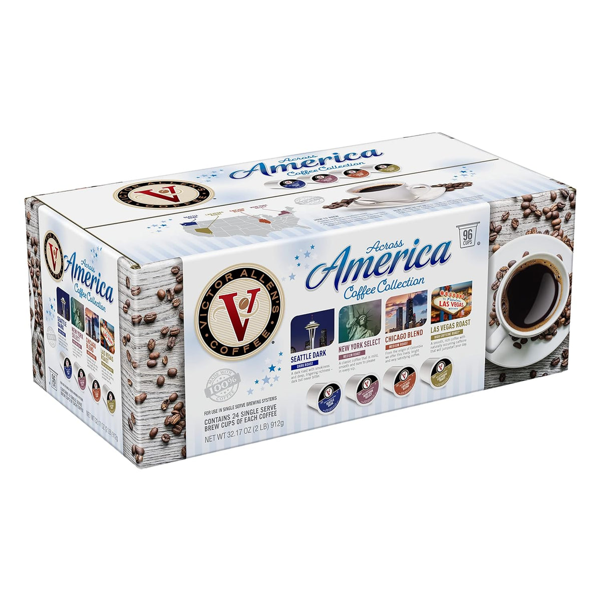 Victor Allen's Coffee Across America Variety Pack (Seattle Dark, New York Select, Chicago Blend, Las Vegas Roast), 96 Count