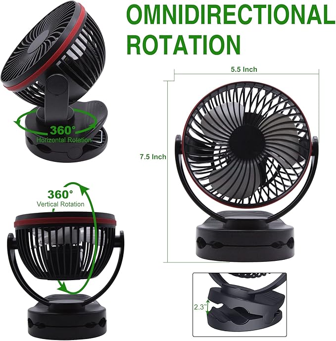 5.5Inch Rechargeable RV Cooling Fan Light with 4 Speeds, 5000mAh Battery Desk Fan, Rotatable Clip On Desk/Wall-Mount Fan, for Home Office RV&Travel