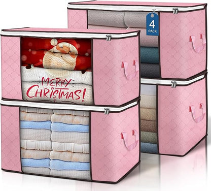 Budding Joy 90L Large Storage Bags, 4 Pack Clothes Storage Bins Foldable Closet Organizer Storage Containers Storage and Organization for Clothes, Blanket, Pillows and Toys (Pink)