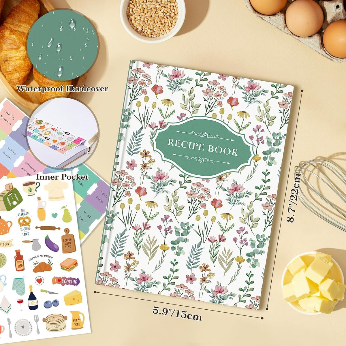 Lanpn Blank Recipe Book Cookbook for 70 Recipes, A5 Waterproof Empty Recipe Notebook to Organize Your Family Recipes