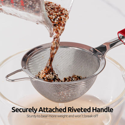 18/8 Stainless Steel Mesh Strainer: U-Taste 3.9 Inch Kitchen Fine Mesh Sieve Food Colander with Riveted Sturdy Silicone Handle and 30 Mesh Hole for Straining Flour, Quinoa, Tea, Juice (Red)