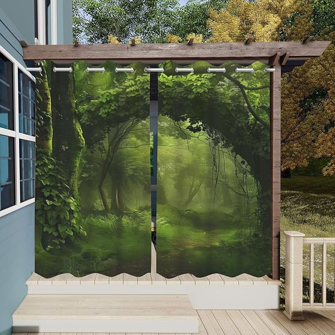 Nature Theme Waterproof Outdoor Curtains for Patio,Forest Pattern,Light Filtering Curtains Outside Curtains for Porch, Gazebo, Pergola, Backyard,2 Panels,W54 x L84,Green