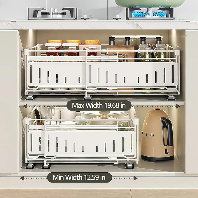 Under Sink Pull-Out Cabinet Organizer for Kitchen and Bathroom Cabinet Storage - Metal Expandable Drawers(12.8-19.49in Width) Suitable for Hair Tools,Trash Bags White 1 Pack