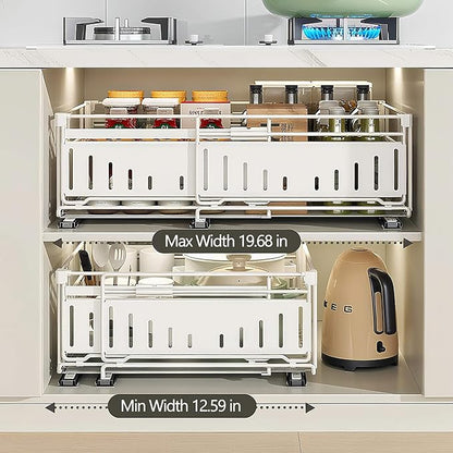 Under Sink Pull-Out Cabinet Organizer for Kitchen and Bathroom Cabinet Storage - Metal Expandable Drawers(12.8-19.49in Width) Suitable for Hair Tools,Trash Bags White 1 Pack