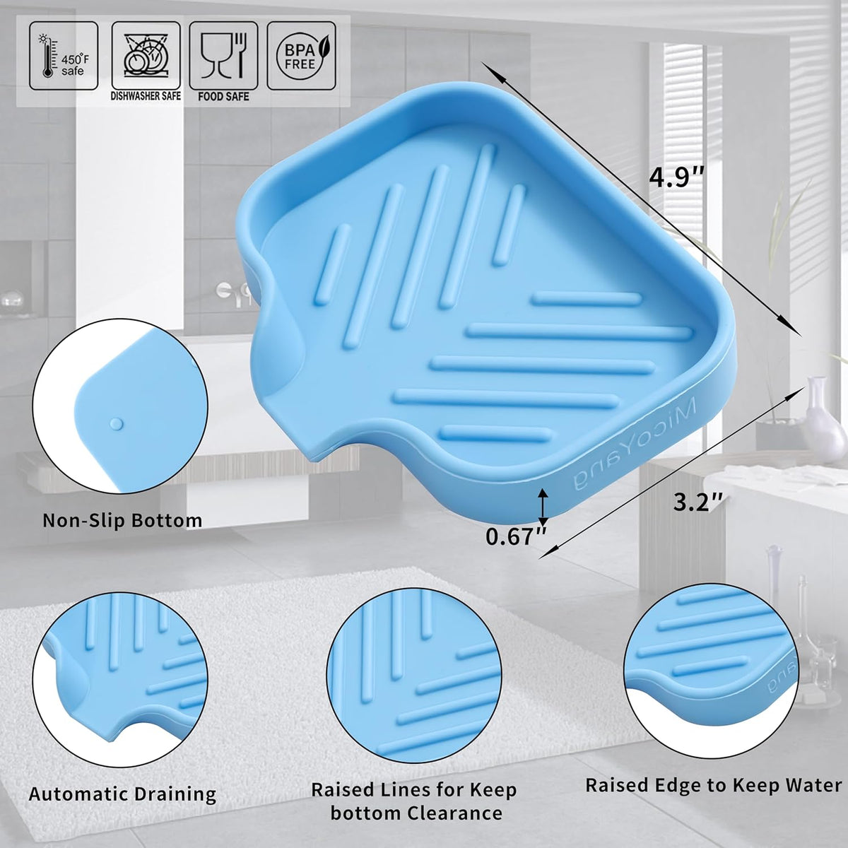 Silicone Bathroom Soap Dishes with Drain Spout-Bathroom and Kitchen Sink Organizer,Sponge Holder,Dish Soap Tray,Perfect for Dispenser,Scrubber,Bottle on Sink or Counter-Light Blue 4.9"×3.2"