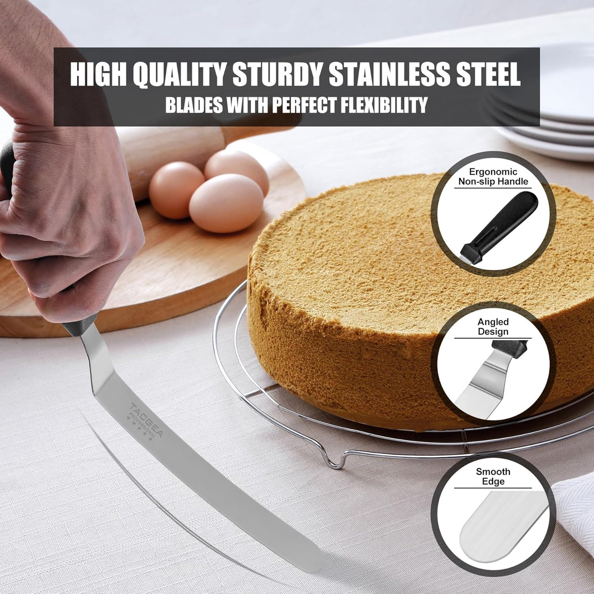 Tacgea Icing Spatula, Angled Offset Cake Spatula with 6", 8", 10" Stainless Steel Blade Set of 3