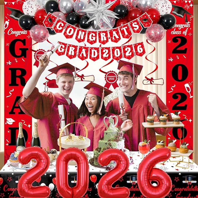 Graduation Decorations 2026, Red and Black Grad Decorations Class of 2026, Graduation Party Decorations with Congrats GRAD 2026 Banner Tablecover Balloons for High School Senior Nurse College