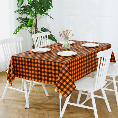 Romanstile Rectangle Vinyl Tablecloth, 100% Waterproof Buffalo Gingham Plastic Table Cloth, Heavy Duty Wipeable Checkered Table Covers for Outdoor, Camping, Picnic, Patio - 54 x 120, Black and Orange