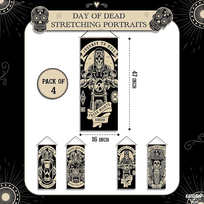 KatchOn, Scary Halloween wall decorations - Pack of 4 | Grim Reaper Stretching Portraits For Halloween Decoration | Vintage Vinyl Hanging Portraits for Haunted House Decoration for Outdoor Indoor Home