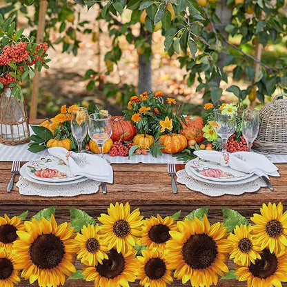 Tegeme 3 Pcs Sunflower Wood Grain Plastic Rustic Tablecloth Vintage Rectangle Table Covers Countryside Outdoor Tablecloth for Dining Table Kitchen Party Banquet, 54 x 108 Inch