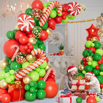 DBKL 138 Pcs Christmas Balloons Garland Arch Kit with Xmas Red Gold Green Balloons Candy Cane Gift Box Foil Balloons for Christmas Party Decorations Birthday Xmas Party Supplies