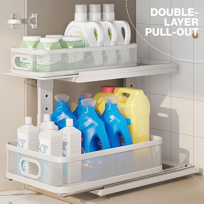 2 Pack Under Sink Organizer With Next-Gen Ball-Bearing Slides,2-Tier Precision Mesh Pull Out Cabinet Drawers Storage for Bathroom&Kitchen,Height Adjustable Shelf,Rust-resistant-Patent Pending