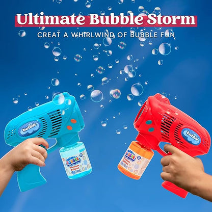 JOYIN 2 Bubble Guns with 2 Refill Solution (10 oz Total), Bubbles Maker, Blower, Machine Gun Blaster for Kids, Toddlers, Outdoors Activity, Party, Birthday Gift, Easter Toys (Blue+Red)