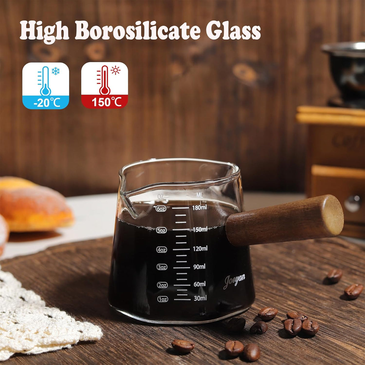 Joeyan 6 oz Glass Measuring Cup with Double Spouts,Borosilicate Espresso Shot Glasses with Wooden Handle