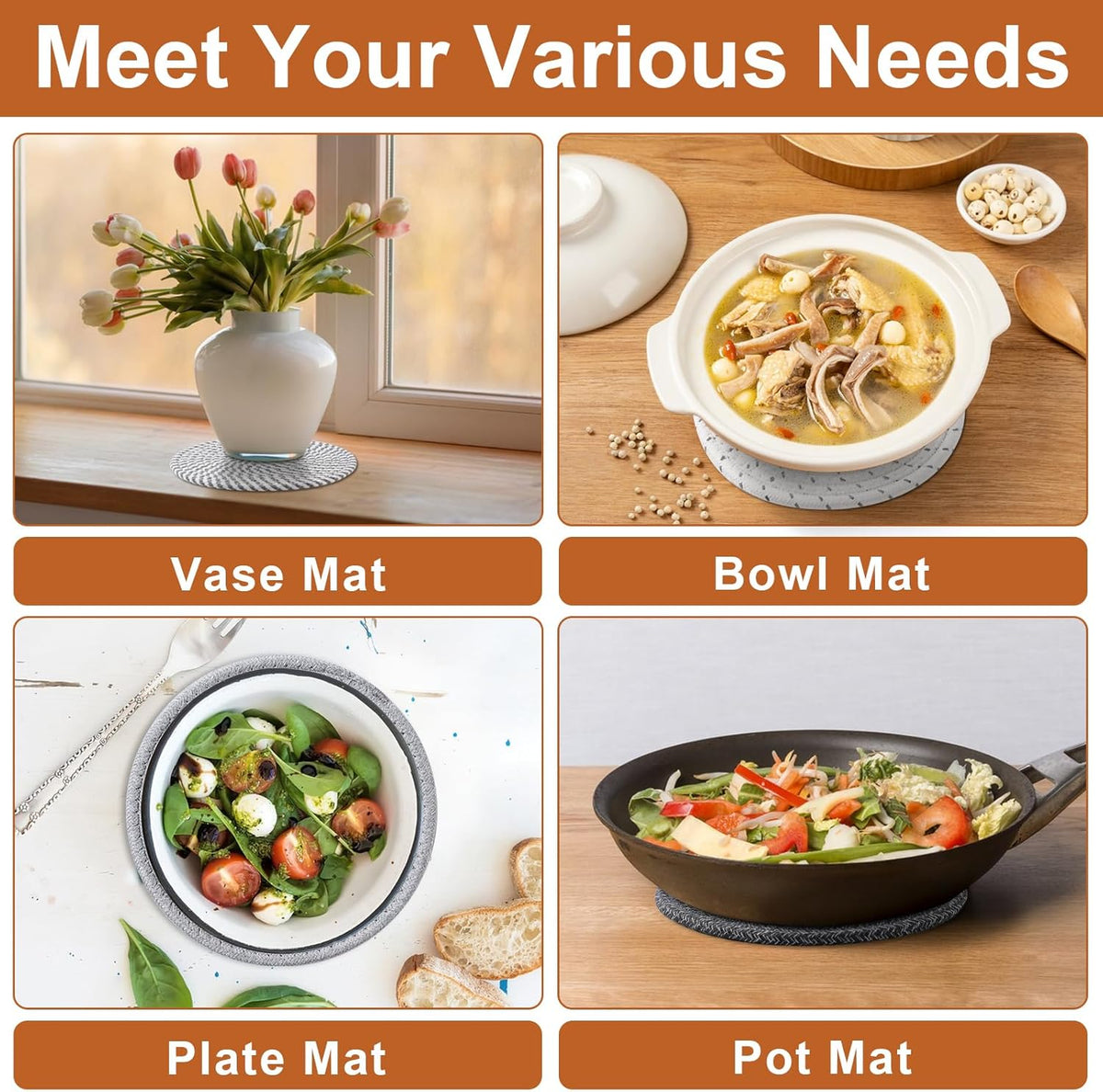 7 Inch Trivets for Hot Dishes, Pots and Pans, 5 Heat Resistant Pot Holders for Kitchen, Home Essentials, Hot Pads for Countertop and Table, Farmhouse Decor Vase Mats, Gray