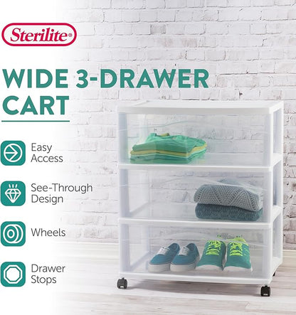 Sterilite Wide 3 Drawer Storage Cart, Plastic Organizer with Wheels, White - Multipurpose Bin for Clothes, Accessories, or Home Accessories