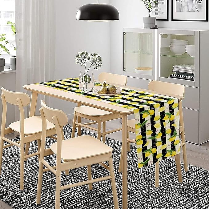 Farmhouse Lemon Fruit Table Runner Nature Aesthetic Black White Stripe Flowers Plant Dining Table Decoration for Home Holiday Party Dresser Kitchen Cabin Restaurant Wedding Decor 13×120in