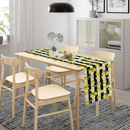Farmhouse Lemon Fruit Table Runner Nature Aesthetic Black White Stripe Flowers Plant Dining Table Decoration for Home Holiday Party Dresser Kitchen Cabin Restaurant Wedding Decor 13×60in