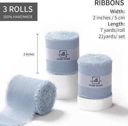 DORIS HOME Dusty Blue Chiffon Ribbon for Flower Bouquet, 2" x21Yd Fabric Ribbon for Gift Wrapping, Handmade Frayed Ribbon for Wedding, Chiffon Silk Ribbon for Christmas Decorations