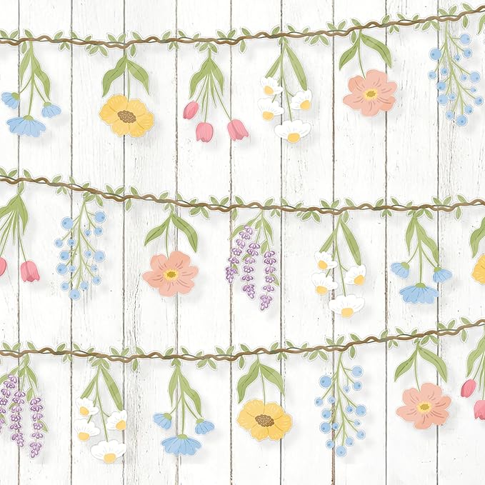 Flower Party Banner Wildflower Garland Spring Floral Party Decorations 2PCS Enchanted Garden Hanging Banner Decor for Flower Theme Wedding Wild One Birthday Baby Shower Valentine's Supplies