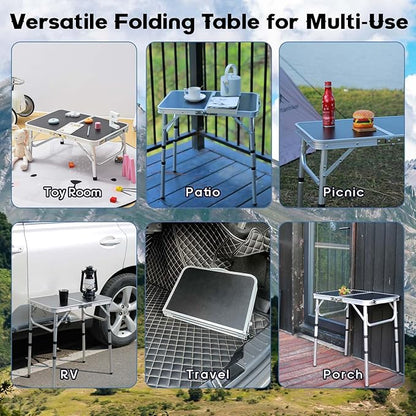 YihuiKo Small Folding Table, Aluminum 24" x 16" Adjustable Height Max 27.5" Folding Camping Table with Carrying Handle, Lightweight, Portable Camp Table for Outdoor Indoor Picnic Beach, Black