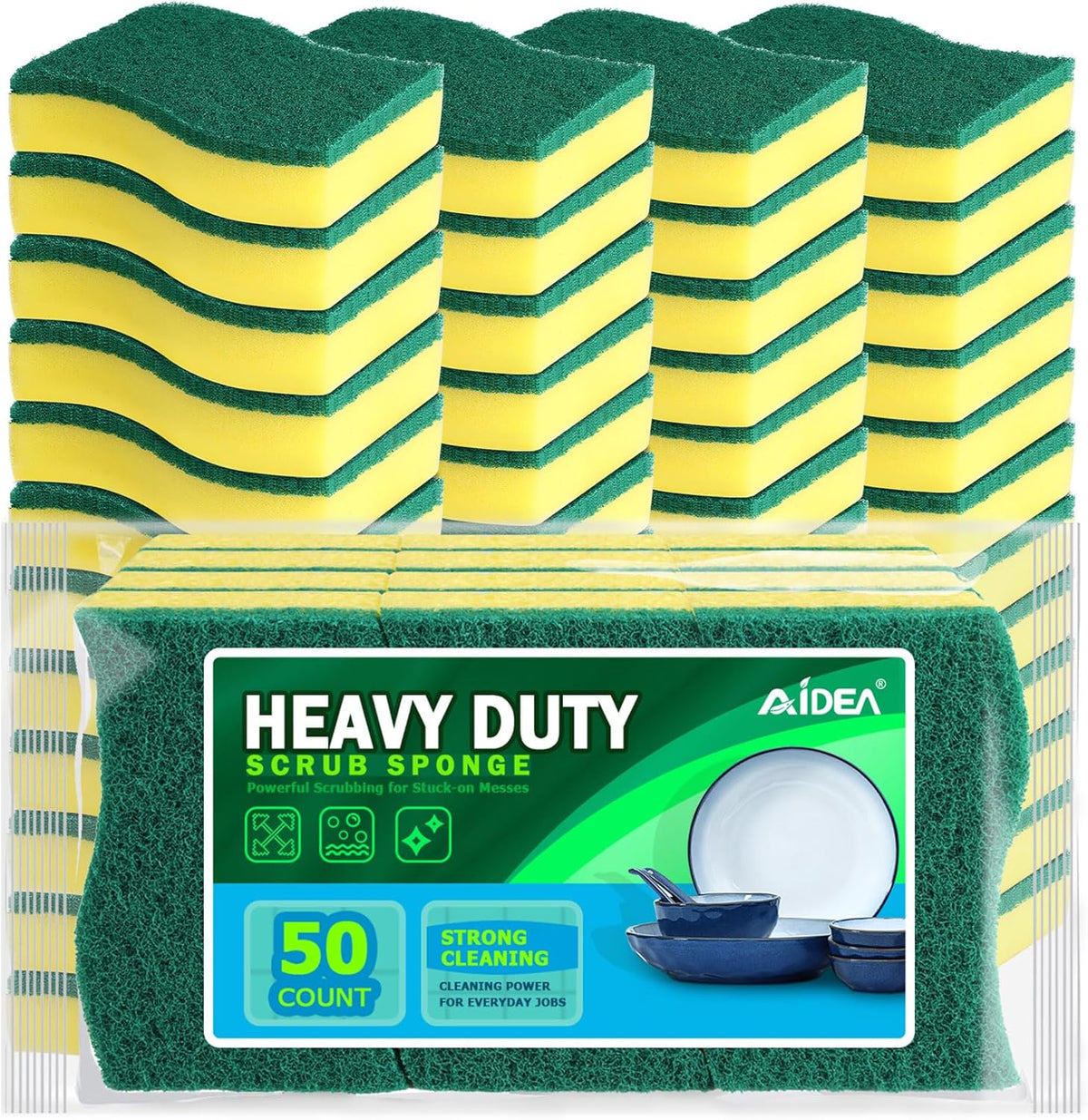 AIDEA Sponges Kitchen, 50 Pack Heavy Duty Dish Sponge, Cleaning Dish Scrubber Sponge for Home and Kitchen, Stink-Free Cleaning Supplies for Pots, Pans