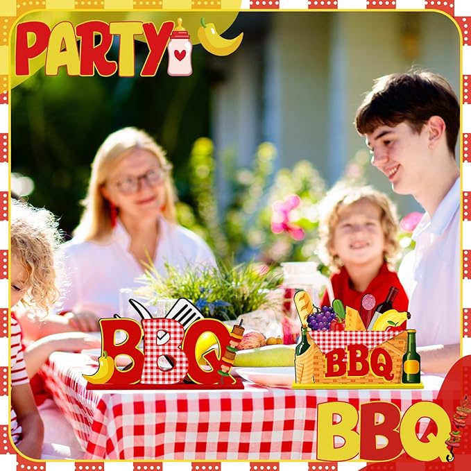 Pickmesh 6 Pcs BBQ Wooden Table Centerpieces BBQ Wood Tabletop Signs Barbecue Themed Party Decorations Home Decoration Birthday Baby Shower Decorations for Summer Carnival Party Picnic Supplies