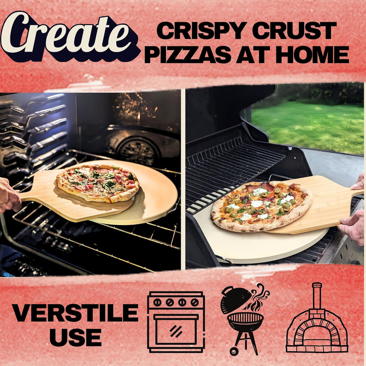 Large Pizza Stone for Oven 16 inch - Round Pizza Stone for Grill with Handles, Wood Pizza Peel and Cutter Set - Baking Stone for Bread