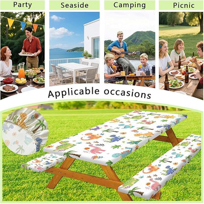 Funny Dinosaur Picnic Table Cover with Bench Covers and Bag, Camping Essentials, Animal Waterproof Windproof Fabric, Fitted Tablecloth Cover with Elastic Edge, for Indoor & Outdoor, 3 PCS, 30x60 Inch