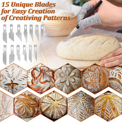20Pcs Bread Lame Scribing Tool Kit - 2 Precision Scribes with 15 Blades, Finger Guard, Design Cord, Safety Cover and Storage Box