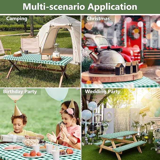 Picnic Table Cover with Bench Covers and Bag, Camping Table Camping Essentials Cover with Elastic Edges(Green)
