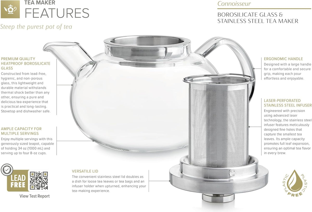 Teabloom Connoisseur Glass Teapot with Stainless Steel Infuser for Loose Tea – 4-Cup Capacity, Stovetop-Safe, Durable Borosilicate Glass, Perfect for Hot and Iced Tea